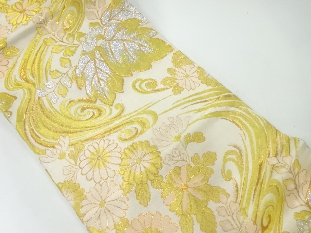 JAPANESE KIMONO / ANTIQUE MARU OBI / WOVEN STREAM & KIKU & PAULOWNIA